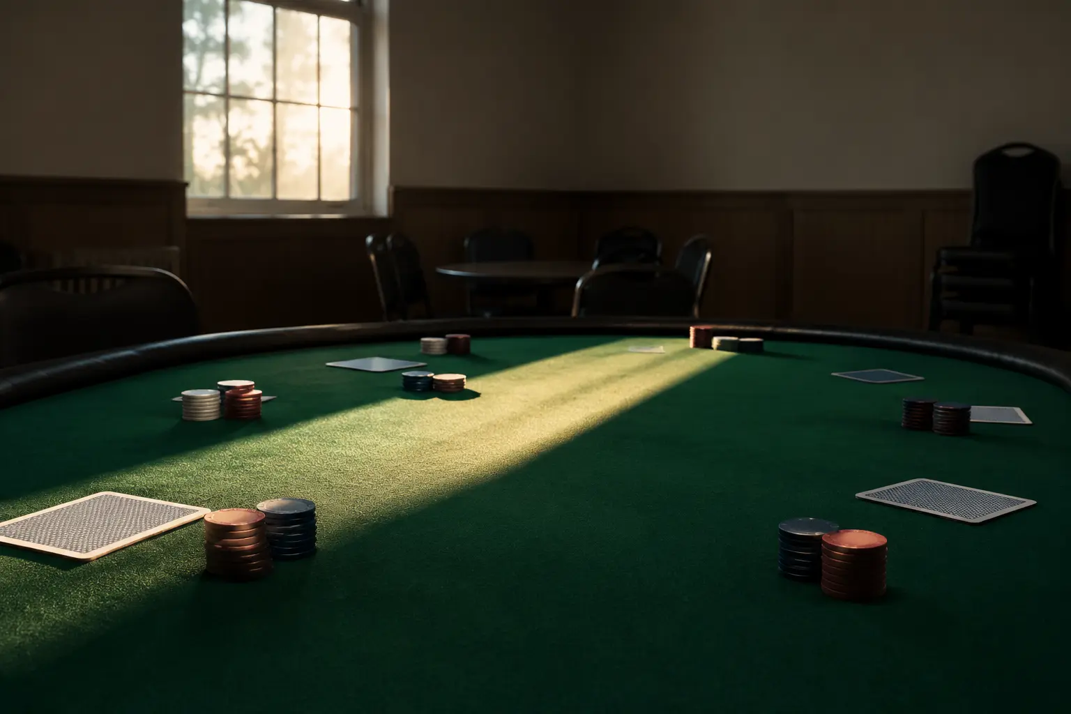Quiet poker table with unmarked chips and face-down cards crossed by a band of dawn light