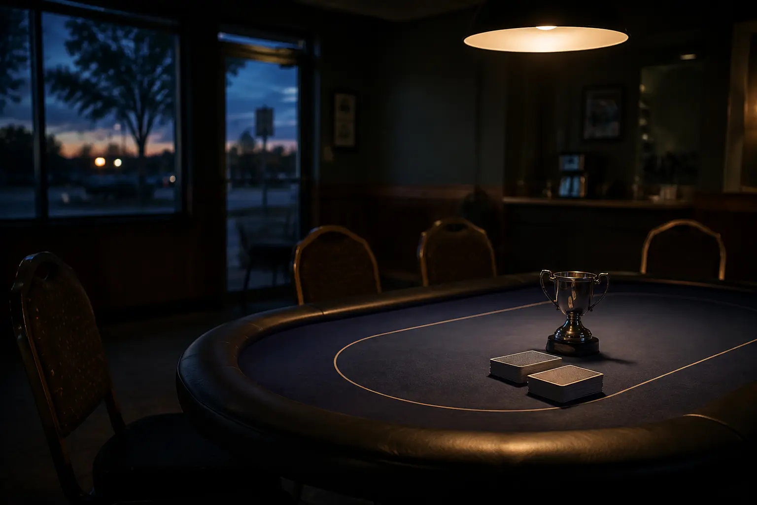 Unbranded trophy and face-down cards on a quiet table at blue hour
